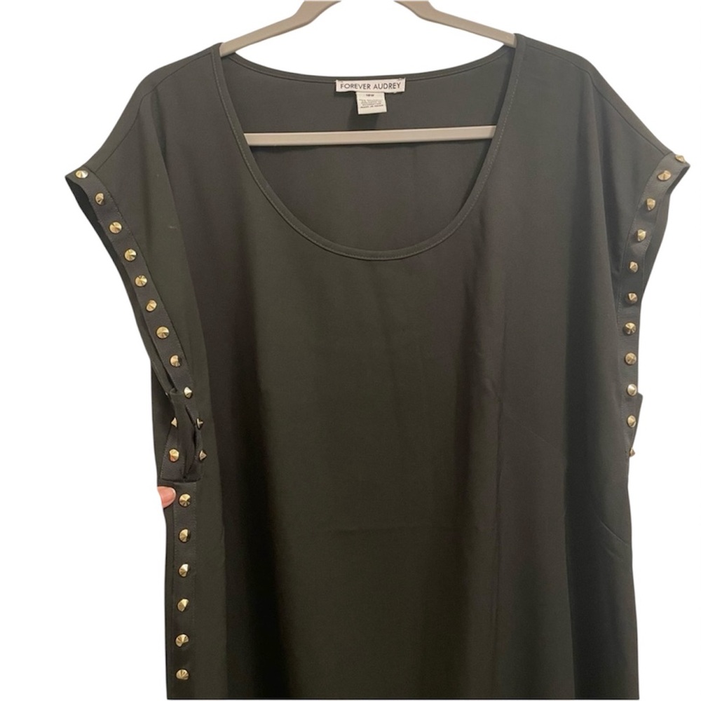 Black Midi Dress, Heavy Gold Studs, Scoop Neck, Rock n Roll, Flowy, Goth, Moto - Picture 2 of 10